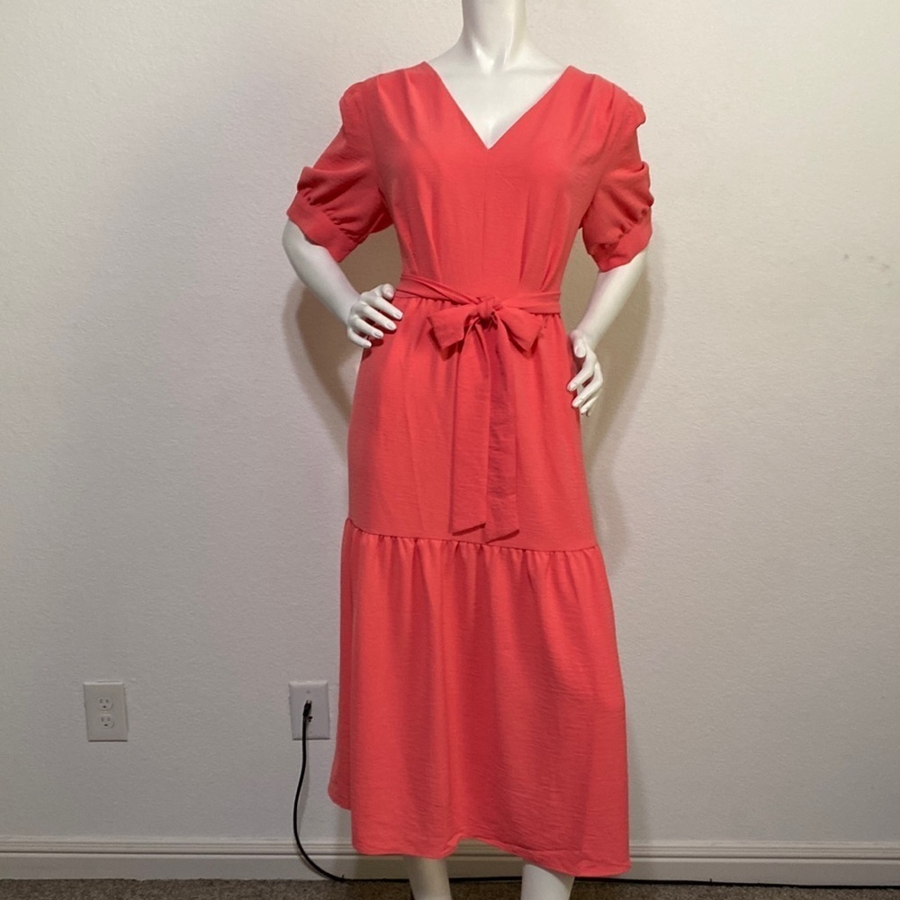 DKNY NEW Sunset Coral Pink Short Sleeve Belted V-Neck Midi Dress Size 14